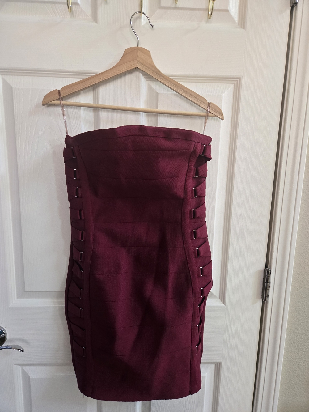 IRIS Dark Red Strapless Bandage Dress with Side Bondage Ring Detail